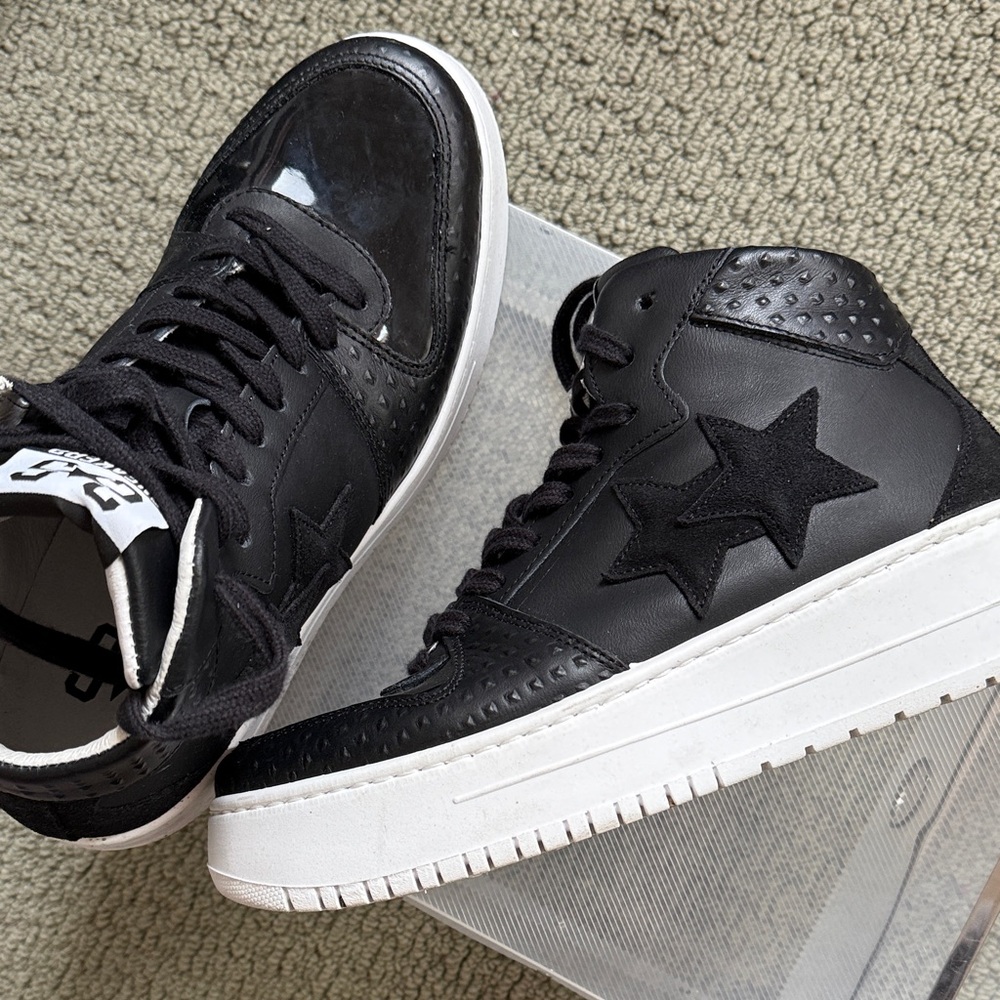 Black Italian Genuine Leather High-Top Platform Sneakers with Star patches